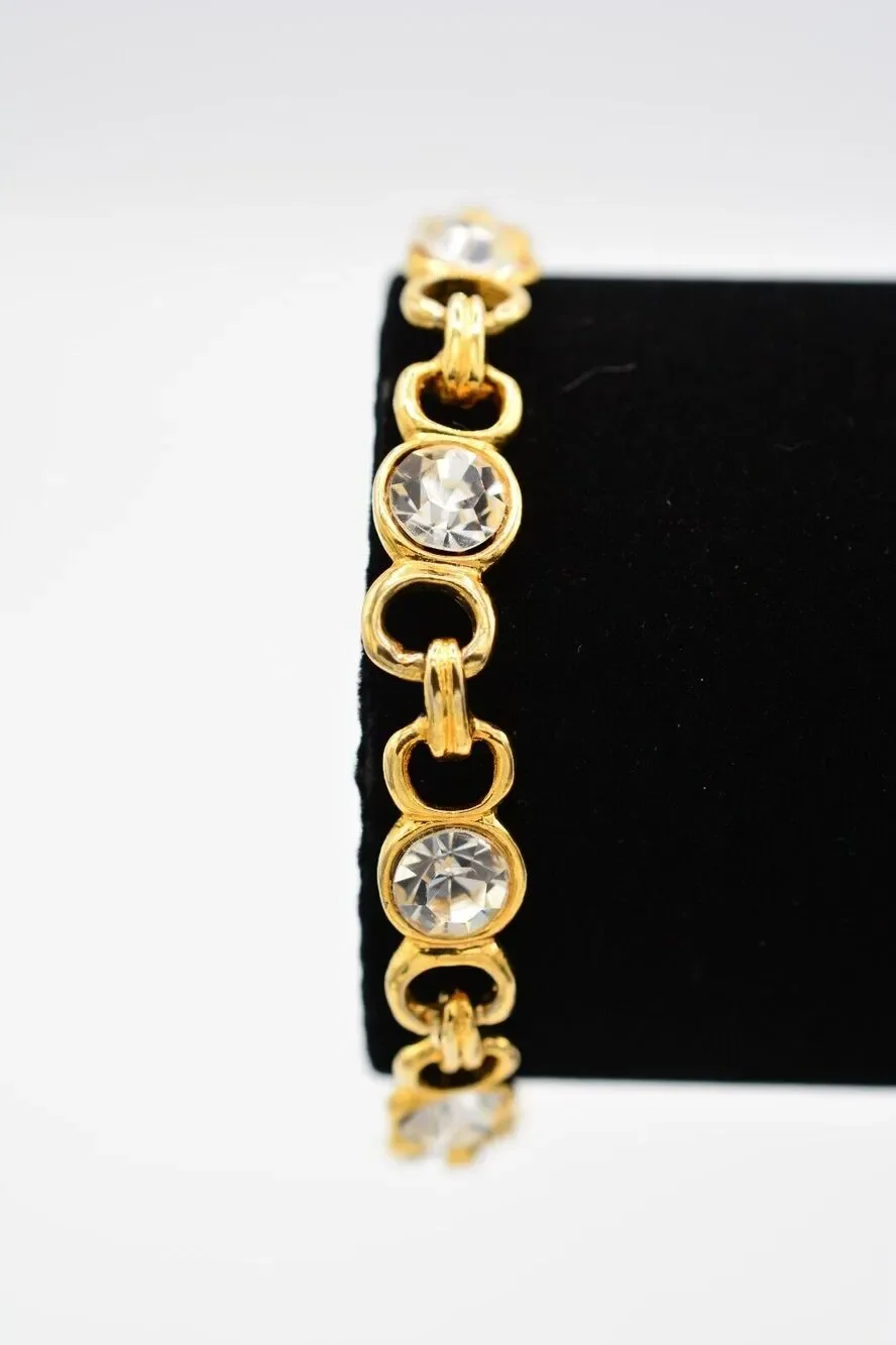 Vintage Tennis Bracelet Clear White Rhinestone Crystal Gold Chain Linked Bin8